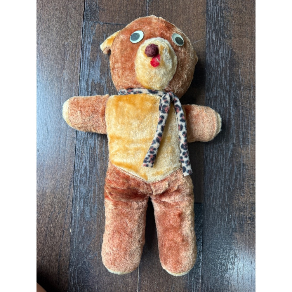 Vintage 18" Googly Eye Teddy Bear Plush Leopard Scarf Brown Tan Stuffed Animal